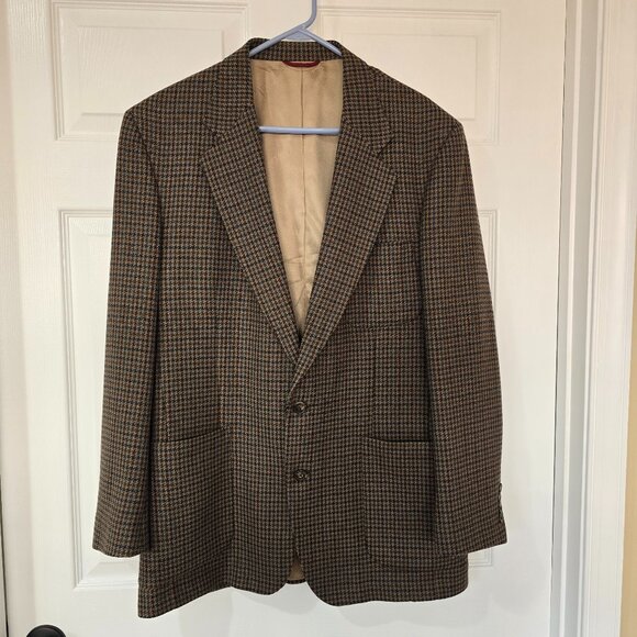 JoS A Bank Pure Wool Houndstooth 2 Button Blazer Sports Coat Brown Tan Sz 42L - Picture 1 of 11